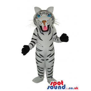 Cute White Tiger Plush Mascot With Black Gloves And Blue Eyes -