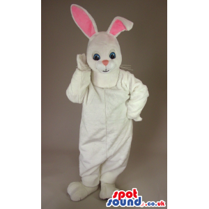 White Rabbit Mascot With Long Pink Ears And Blue Eyes - Custom