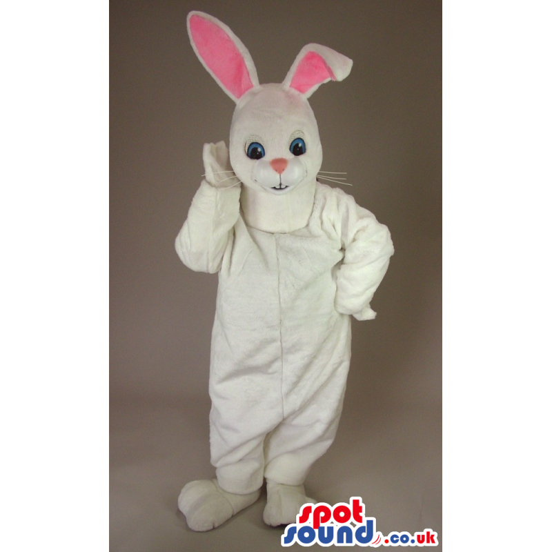 White Rabbit Mascot With Long Pink Ears And Blue Eyes - Custom