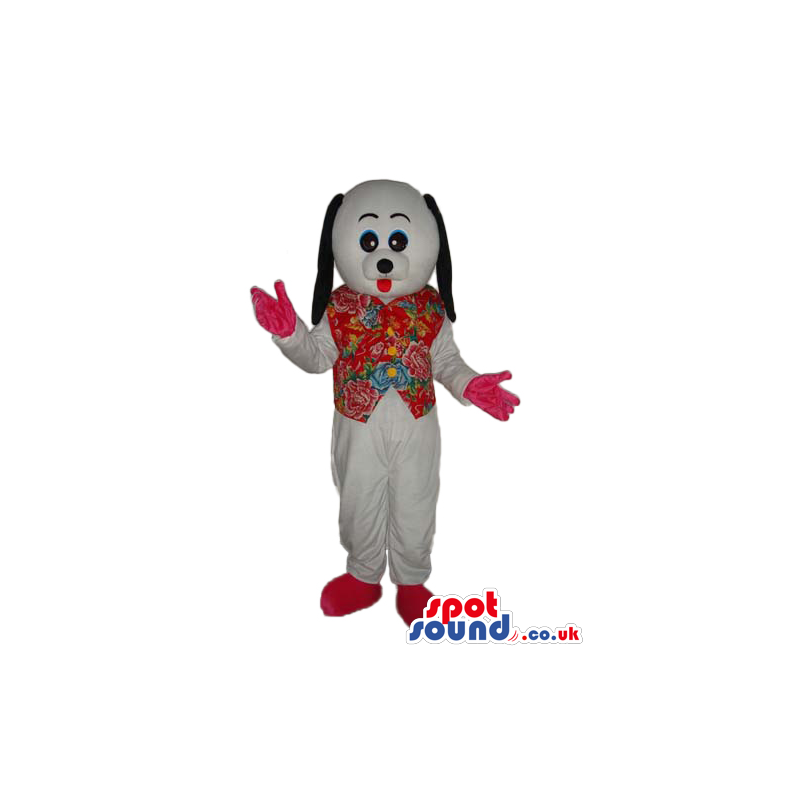 Cute Customizable White Dog Mascot Wearing A Flowery Vest -