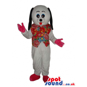 Cute Customizable White Dog Mascot Wearing A Flowery Vest -