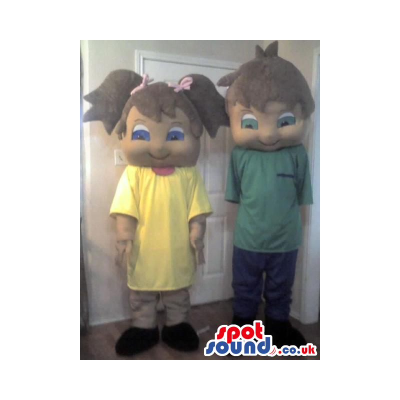 Menace Boy And Girl Couple Mascot With Yellow And Green