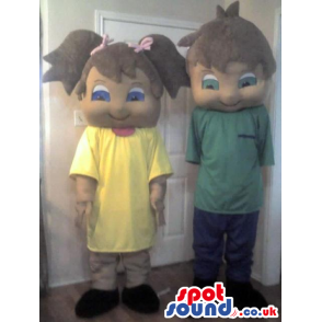 Menace Boy And Girl Couple Mascot With Yellow And Green