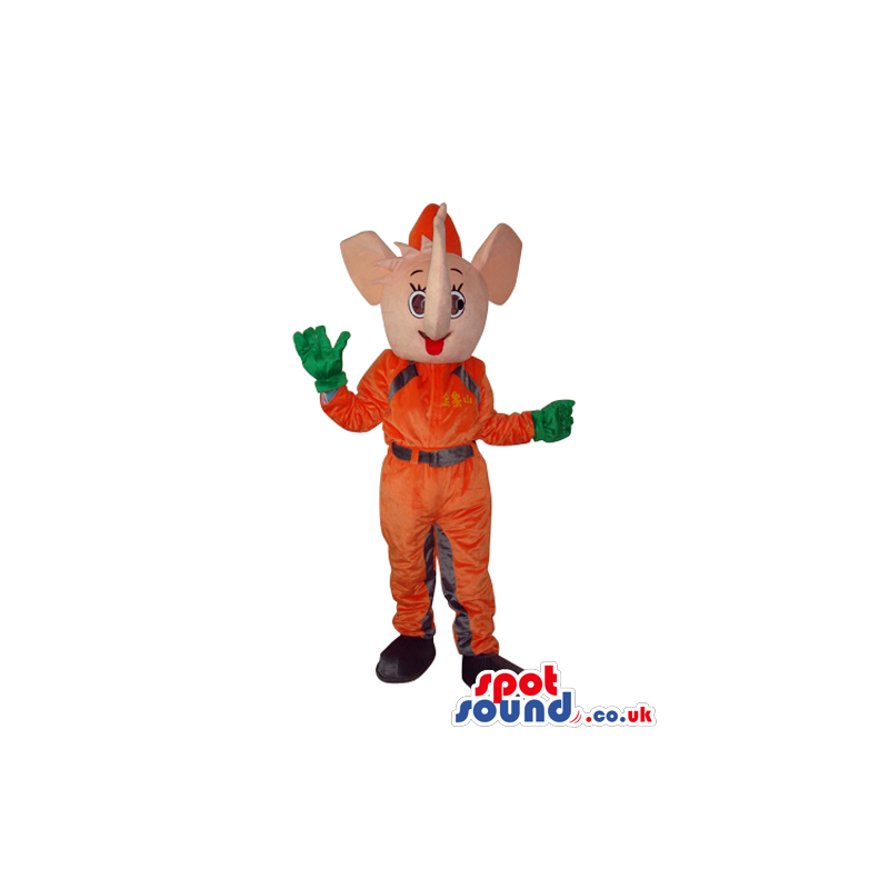 Cute Pink Elephant Plush Mascot Wearing Orange Fireman Clothes