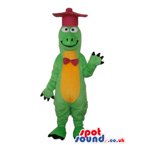 Green And Yellow Alligator Plush Mascot With Red Hat And Bow