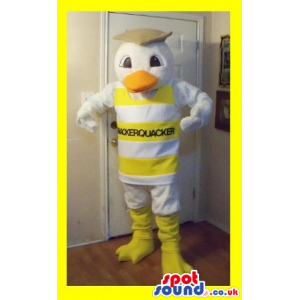 White Bird Plush Mascot Wearing A Striped T-Shirt With Brand