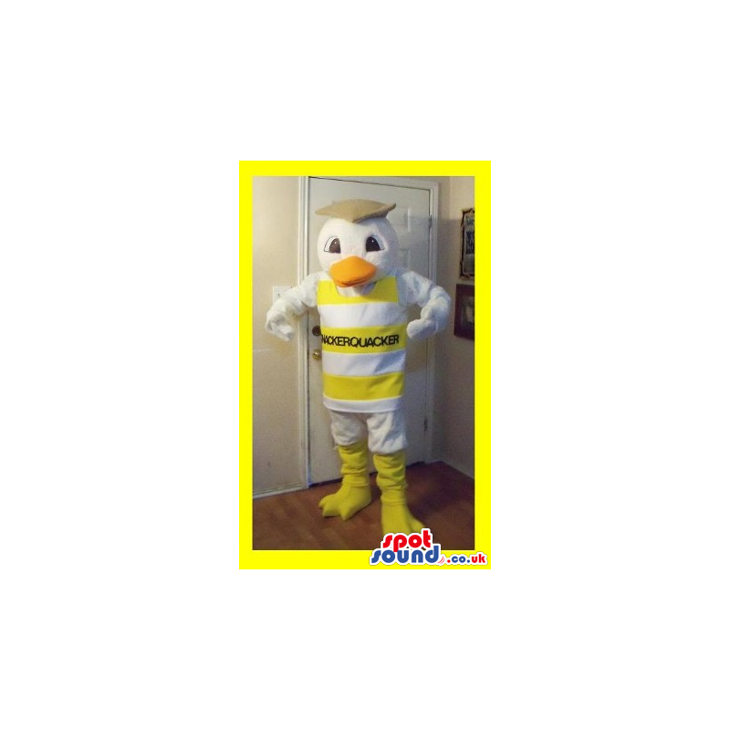 White Bird Plush Mascot Wearing A Striped T-Shirt With Brand