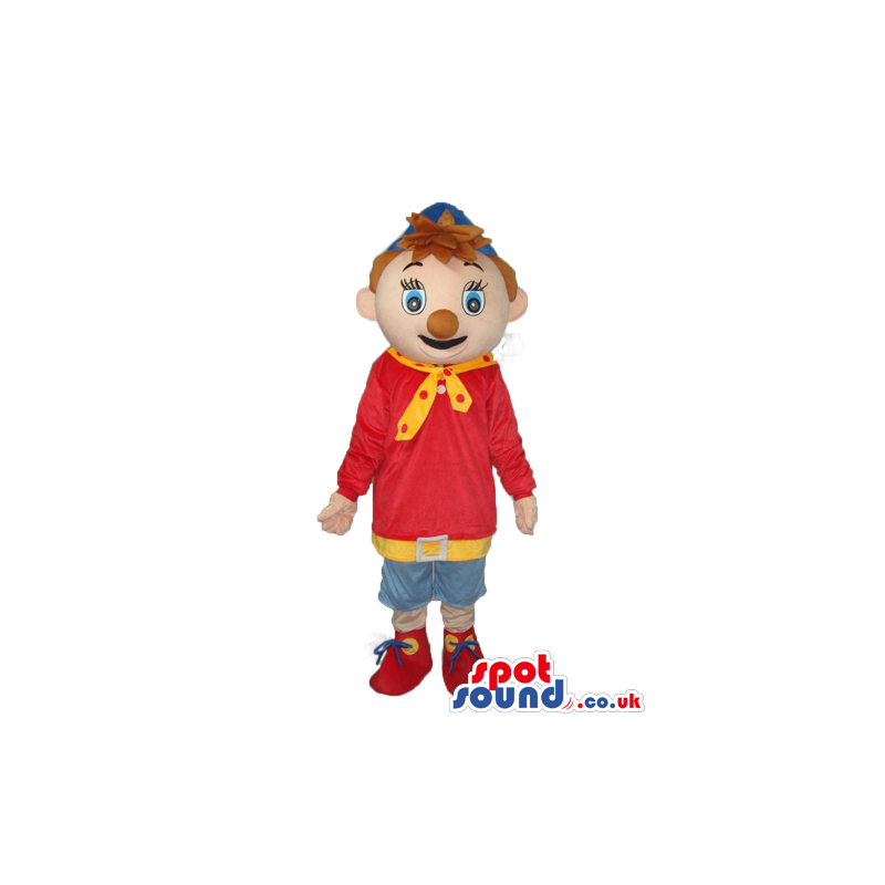 Red And Blue Clown Boy Mascot With Brown Nose And A Cap -