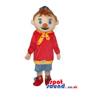 Red And Blue Clown Boy Mascot With Brown Nose And A Cap -