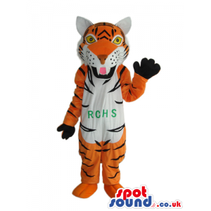 Orange Tiger Plush Mascot With A White Belly And Text - Custom