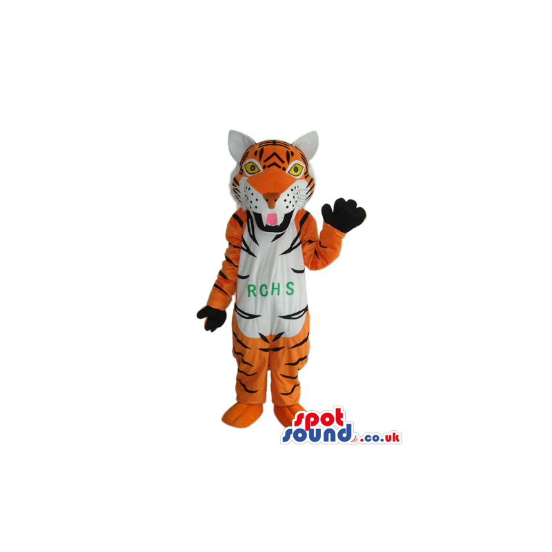 Orange Tiger Plush Mascot With A White Belly And Text - Custom