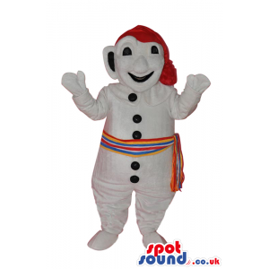 Snowman Mascot Wearing A Red Hat And Colorful Sash - Custom