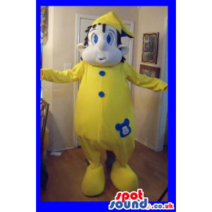 Boy Character Mascot Wearing Yellow Pajamas And Hat - Custom