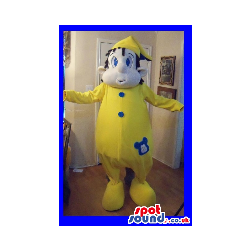 Boy Character Mascot Wearing Yellow Pajamas And Hat - Custom