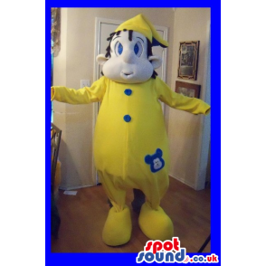 Boy Character Mascot Wearing Yellow Pajamas And Hat - Custom