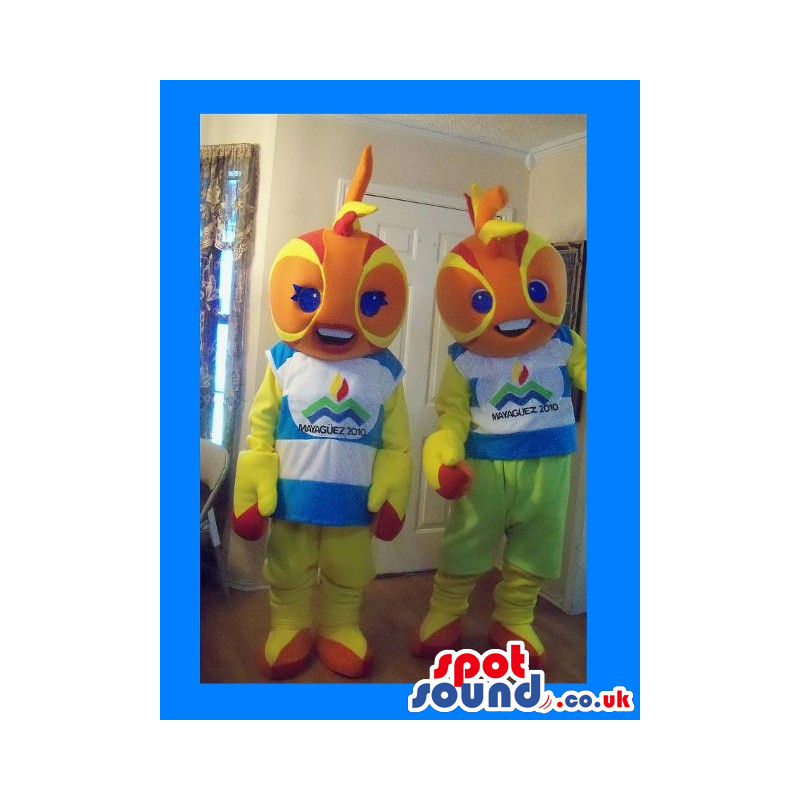 Orange Boy And Girl Fish Couple Mascots Wearing Clothes And