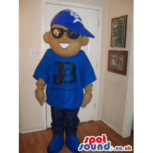 Boy Mascot Wearing Blue Street Wear Garments And Sunglasses -