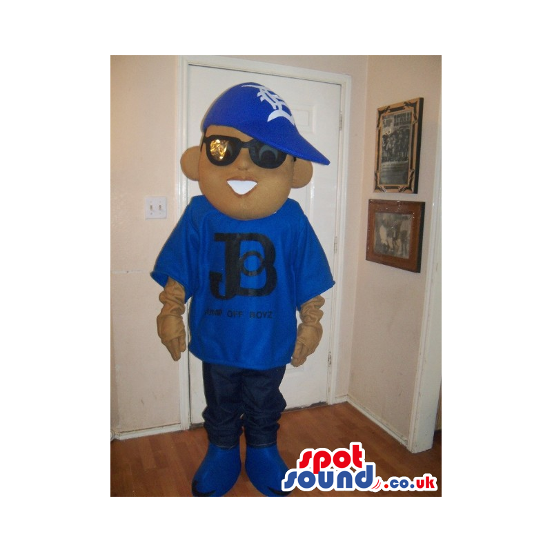 Boy Mascot Wearing Blue Street Wear Garments And Sunglasses -