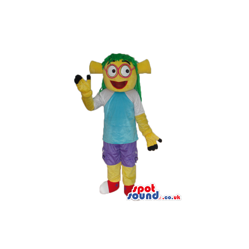 Yellow Alien Mascot Wearing Blue Street Wear Garments And