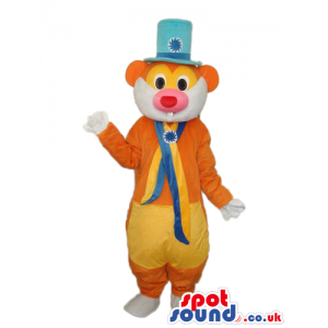 Fantasy Orange And Yellow Mouse Mascot With A Blue Top Hat -
