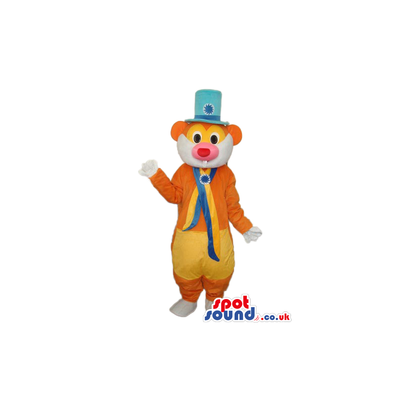 Fantasy Orange And Yellow Mouse Mascot With A Blue Top Hat -