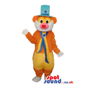 Fantasy Orange And Yellow Mouse Mascot With A Blue Top Hat -