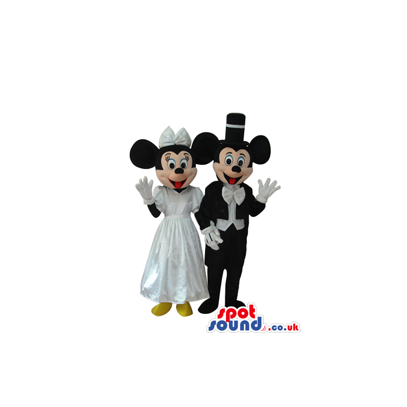 Mickey And Minnie Mouse Mascots With White Wedding Clothes -