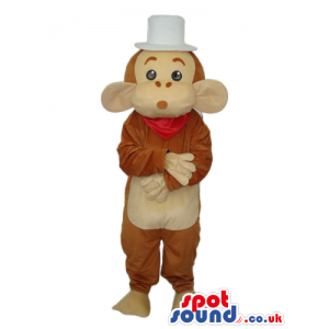 Brown And Beige Monkey Animal Plush Mascot With A White Top Hat