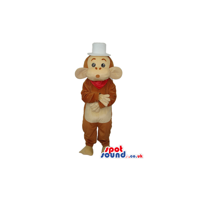 Brown And Beige Monkey Animal Plush Mascot With A White Top Hat