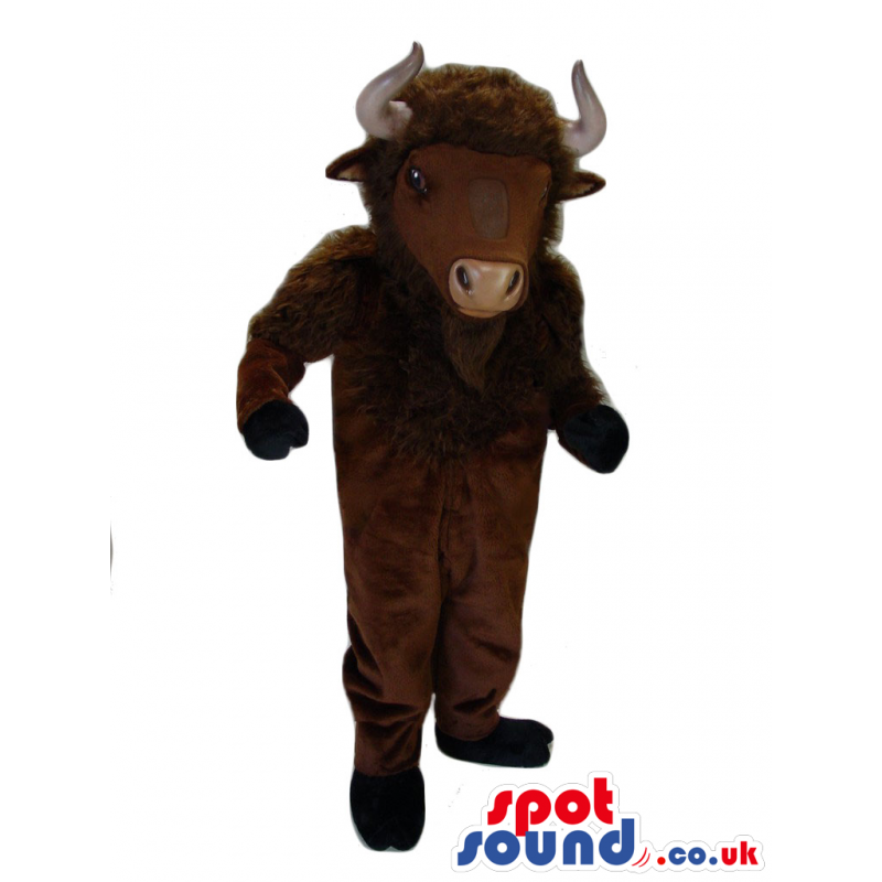 Dark Brown Buffalo Animal Plush Mascot With White Horns -