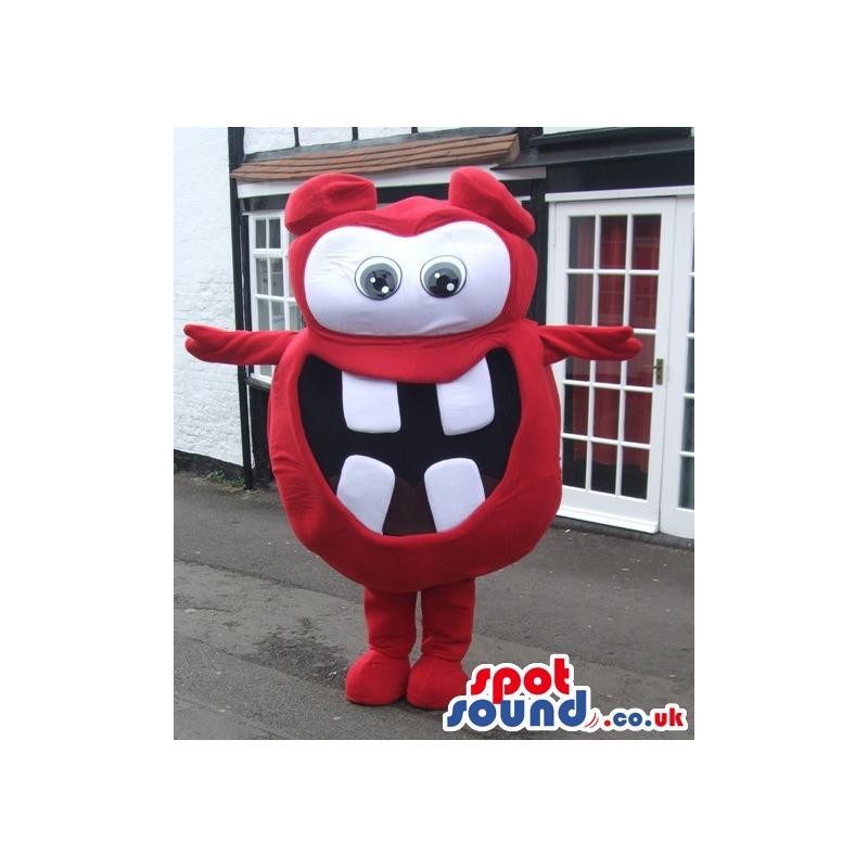 Funny little smiling red colour mascot wants to hug you -