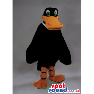 Soft Black Duck Mascot With A Big Orange Beak And Green Eyes -
