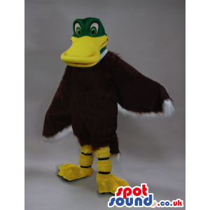 Soft Black Duck Mascot With A Big Orange Beak And Green Head -