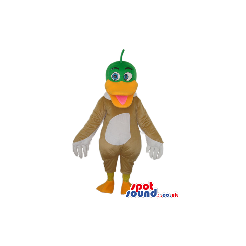 Cute Brown And White Duck Mascot With A Green Head - Custom