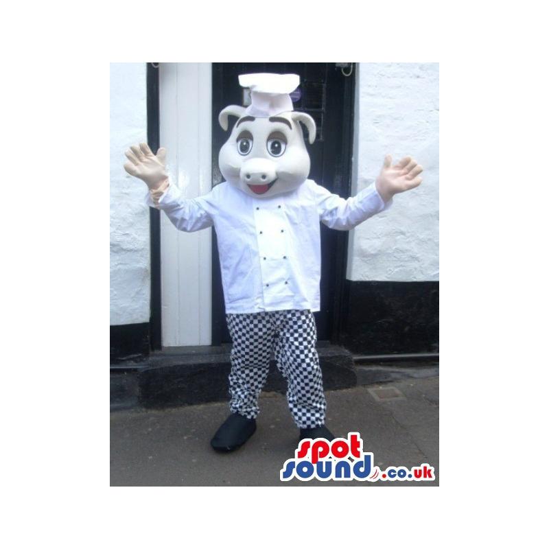 White pig mascot with a black and white trouser and White shirt