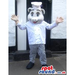 White pig mascot with a black and white trouser and White shirt