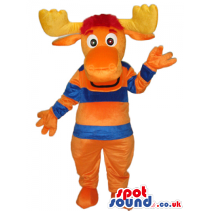 Orange Moose Animal Mascot With Striped Blue And Orange T-Shirt