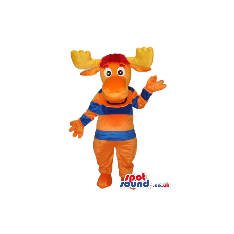 Orange Moose Animal Mascot With Striped Blue And Orange T-Shirt