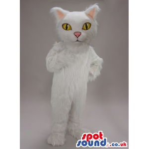 Cute Hairy White Cat Plush Mascot With Yellow Eyes. - Custom