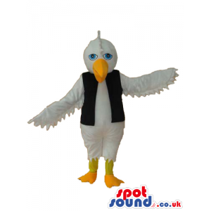 White Bird Plush Mascot Wearing A Black Long Vest - Custom