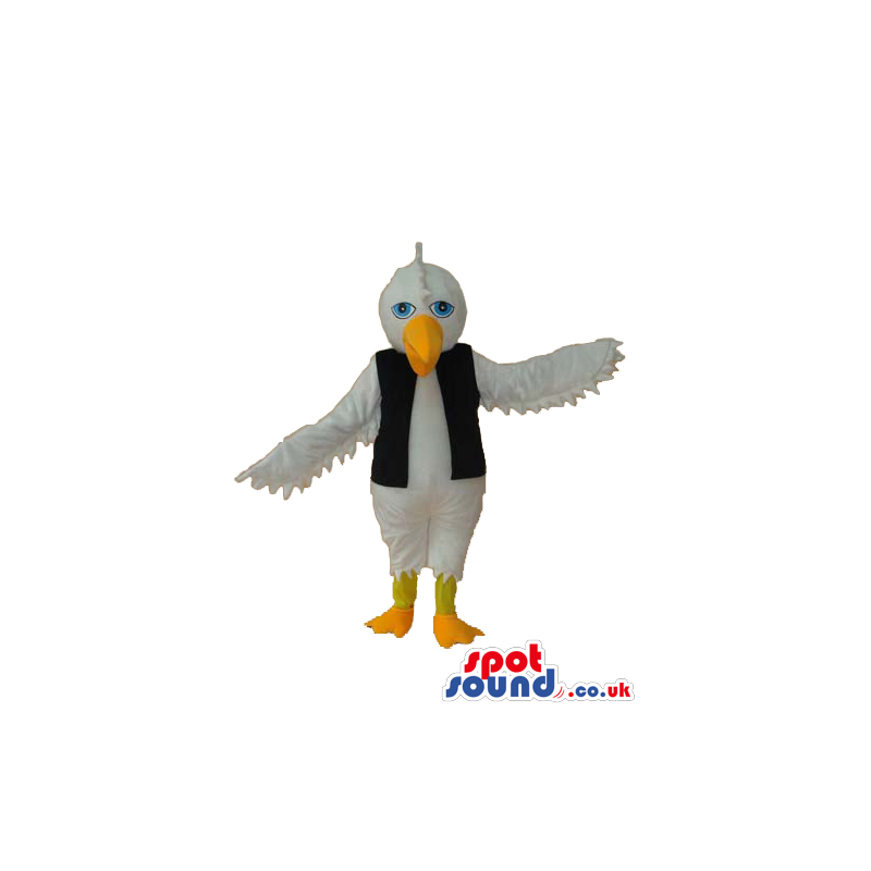 White Bird Plush Mascot Wearing A Black Long Vest - Custom