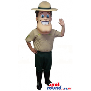 Happy Human Mascot Wearing Beige Park Guard Garments - Custom