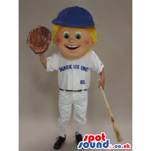 Happy Blond Boy Mascot Wearing Blue And White Baseball Garments