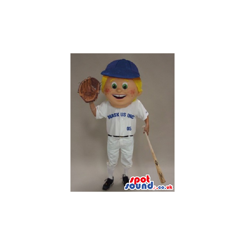 Happy Blond Boy Mascot Wearing Blue And White Baseball Garments