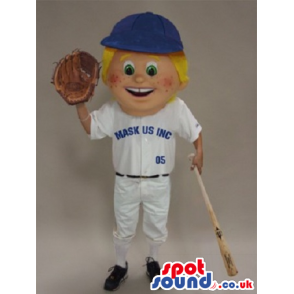 Happy Blond Boy Mascot Wearing Blue And White Baseball Garments