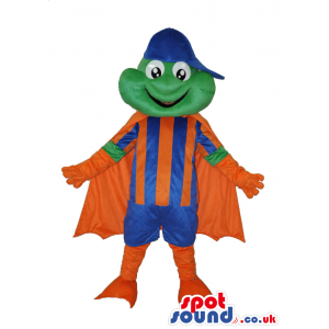 Green Frog Mascot Wearing Orange And Blue Garments And Cape -