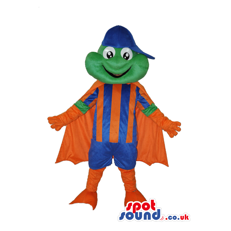 Green Frog Mascot Wearing Orange And Blue Garments And Cape -