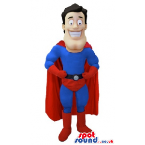 Happy Superhero Human Mascot Wearing Blue And Red Garments -