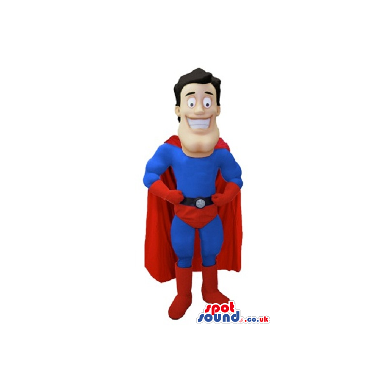 Happy Superhero Human Mascot Wearing Blue And Red Garments -