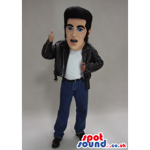 Realistic Elvis Singer Human Mascot Wearing A Leather Jacket -